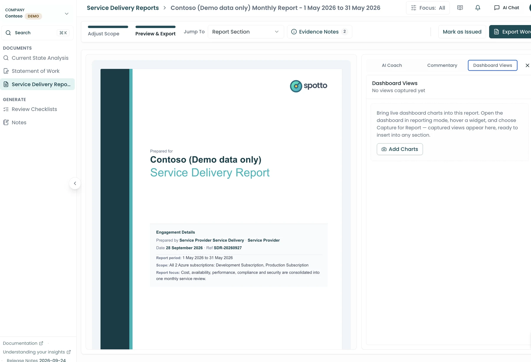A Service Delivery Report for a demo client open in Spotto, ready to preview and export