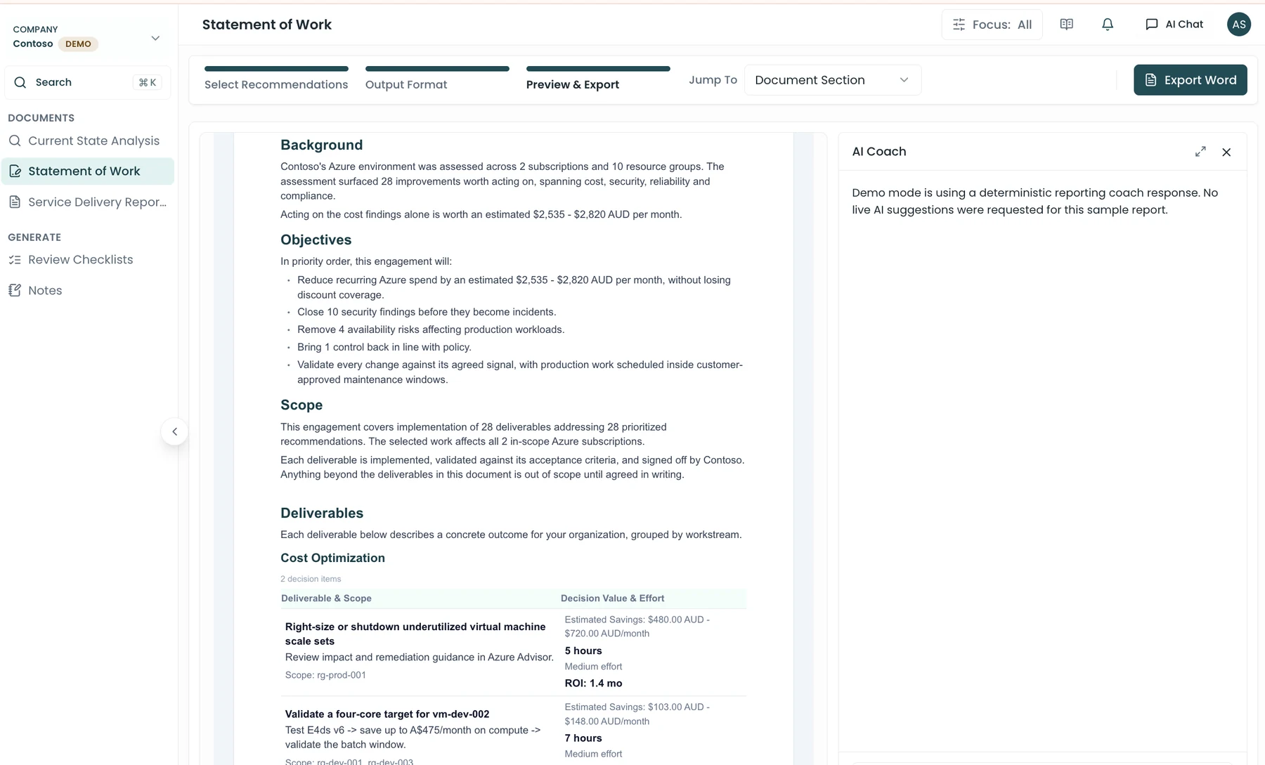 A Statement of Work in Spotto with background, objectives, scope and priced deliverables