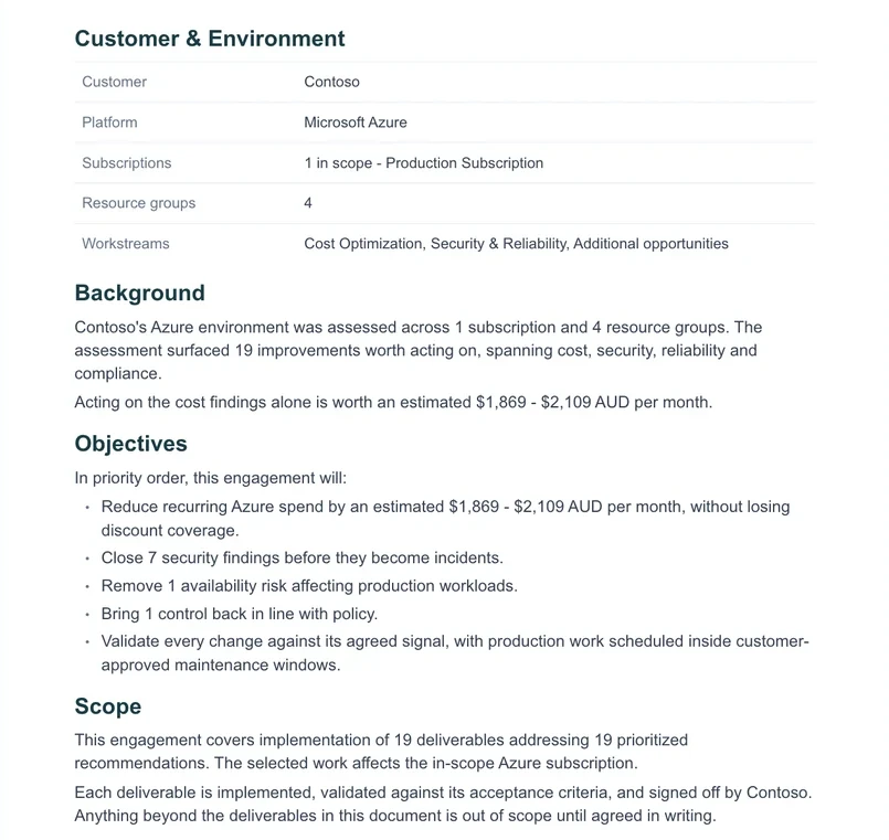 Statement of work drafted from the chosen findings (demo data)