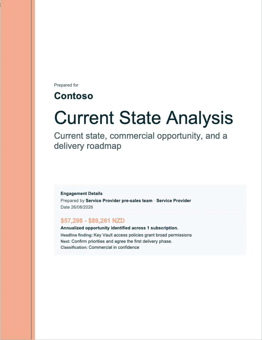 The cover of a Current State Analysis report prepared for a client, with the service provider named on it.
