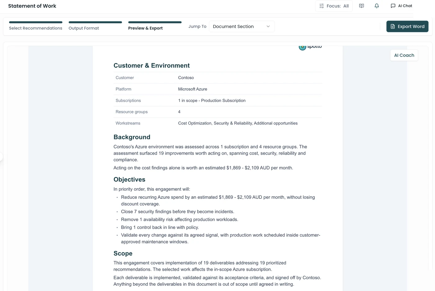 A statement of work drafted in Spotto for a demo customer: environment, background, objectives and scope, with the AI Coach alongside and an Export to Word button.