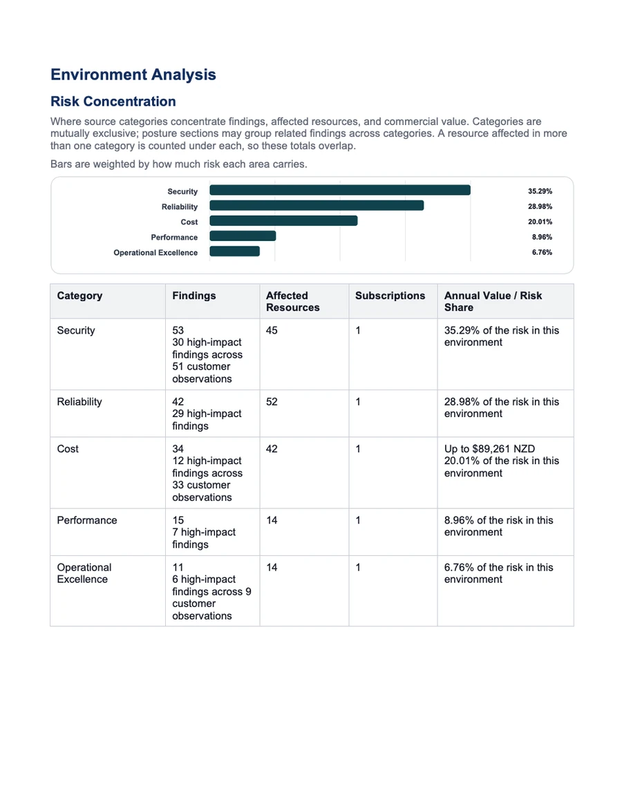 The Environment Analysis page of the report, showing where risk concentrates across the environment.